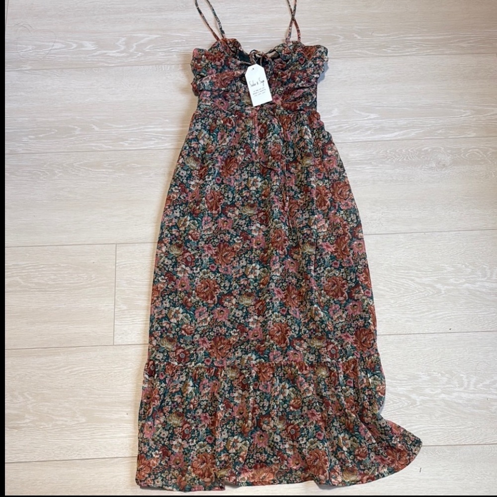 Sadie & Sage Floral Green Red Smocked Halter Midi Dress - Picture 3 of 12